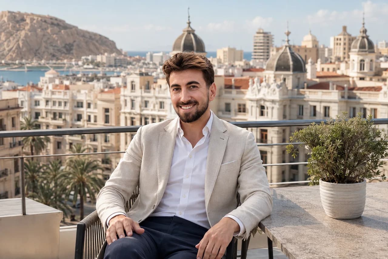 Francisco López, fundador de Matriz, en una terraza con Alicante al fondo